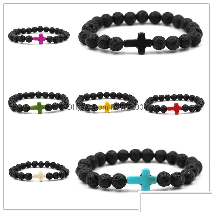 20colors 8mm natural black lava stone beads cross bracelet diy volcano rock  oil diffuser bracelet for women men