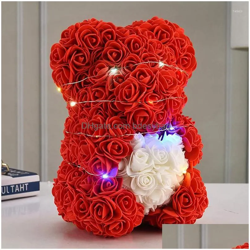 Decorative Flowers & Wreaths Decorative Flowers Teddy Rose Bear 25Cm Artificial With Light Box Girlfriend Anniversary Christmas Valent Dhfjw