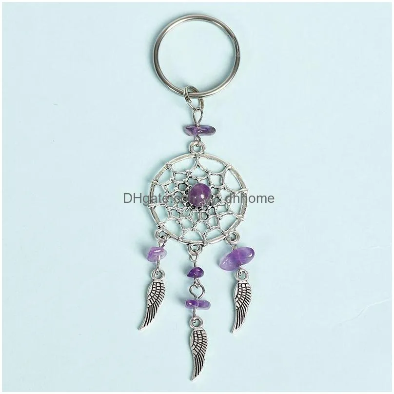 bohemian dreamcatcher keychain metal feather pendulum keyring natural crystal stone pendant handbag ornament acc