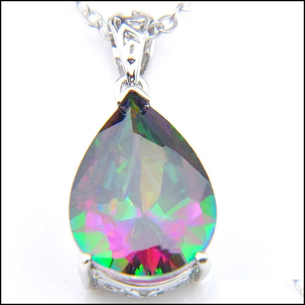 Pendant Necklaces Luckyshine 2Pcs/Lot Fashion Jewelry Wholesale 925 Sier Antique Special Teardrop Fire Mystic Topaz Crystal Pendants L Dhnfn