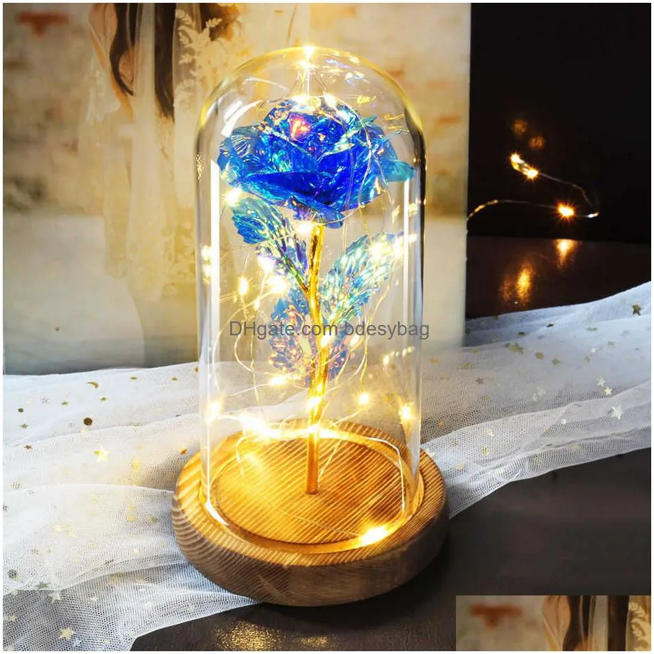 Decorative Flowers & Wreaths Valentine Gift Beauty Eternal Rose Led Light And Beast In Glass Dome Birthday For Valentines Day Drop Del Dhnx4