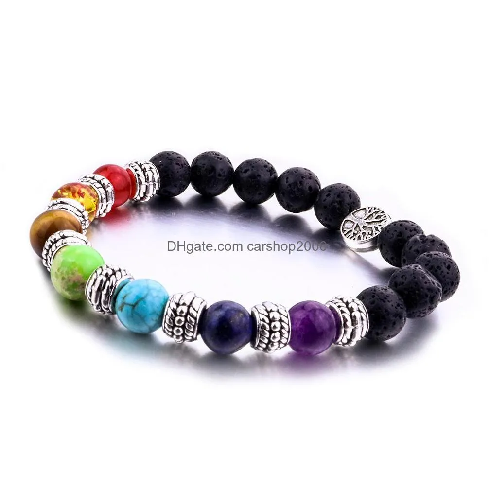 fashion natural 8mm lava stone tree of life 7 chakra beads bracelet diy aromatherapy essential oil diffuser bracelet