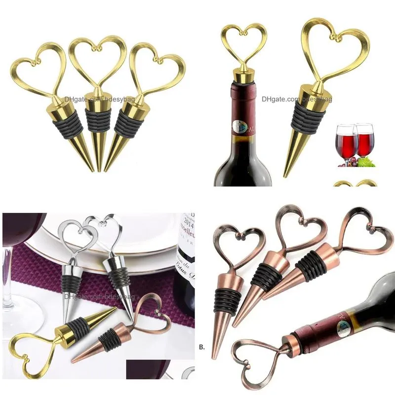 Bar Tools Bar Tools Rose Gold Sier Elegant Heart Lover Shaped Red Wine Champagne Metal Wines Bottle Stopper Valentines For Wedding Dro Dhsd7