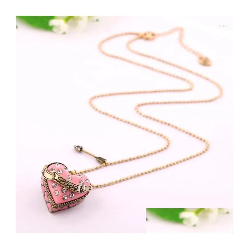 Pendant Necklaces Pendant Necklaces Fashion Women Jewelry Pink Sweet Long Beads Chain Open Heart Necklace Vintage Arrow Choker Sweater Dhiel