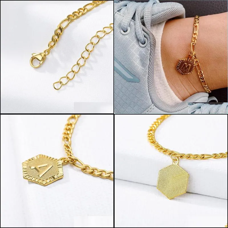 Anklets Hexagon Alphabet Leg Bracelets For Women Foot Jewelry Stainless Steel Feet Chain Friendship Gifts Letter Initial Anklet Drop D Dhcow