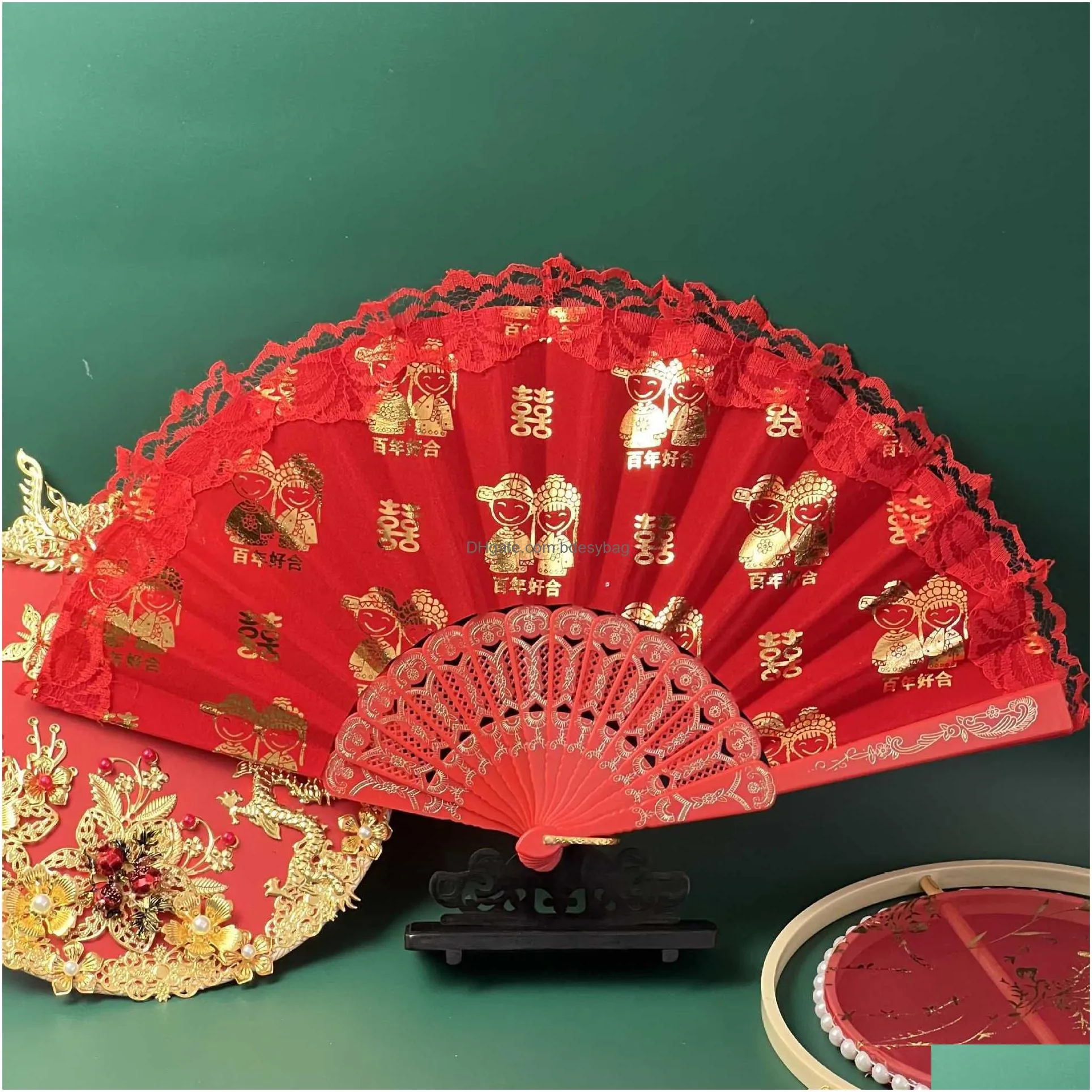 Chinese Style Products Chinese Style Products Wedding Fan Red Veet Golden Tone Print Bride And Groom Happy Marriage Glitter Hand Home Dhvqz