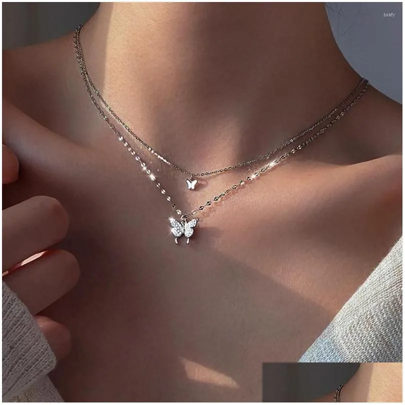 Pendant Necklaces Pendant Necklaces Fashion Shiny Butterfly Necklace For Women Exquisite Double Layer Clavicle Chain Rhinestone Party Dhaty