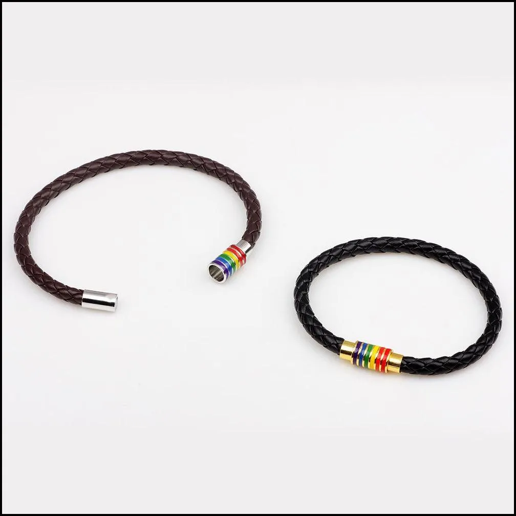 magnetic bracelet bangle stainless steel bracelet women men gift gay pride rainbow magnetic black brown genuine braided leather