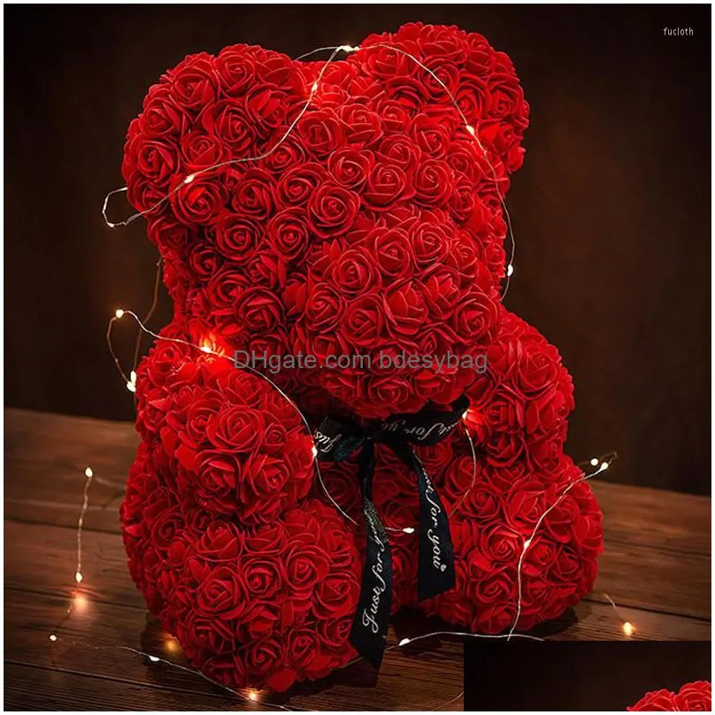 Decorative Flowers & Wreaths Decorative Flowers Teddy Rose Bear 25Cm Artificial With Light Box Girlfriend Anniversary Christmas Valent Dhgmx