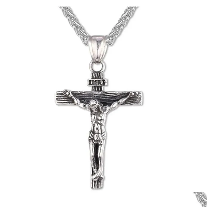 Pendant Necklaces Pendant Necklaces Men Chain Christian Jewelry Necklace Stainless Steel Gifts Vintage Cross Inri Crucifix Jesus Piece Dhpgb