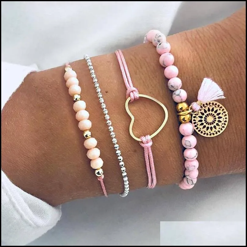 Charm Bracelets Mtilayer Bracelets Bohemian Pink Crystal Beads For Women Jewelry Gifts Vintage Heart Tassel Bracelet Bangles Drop Deli Dh5Vl
