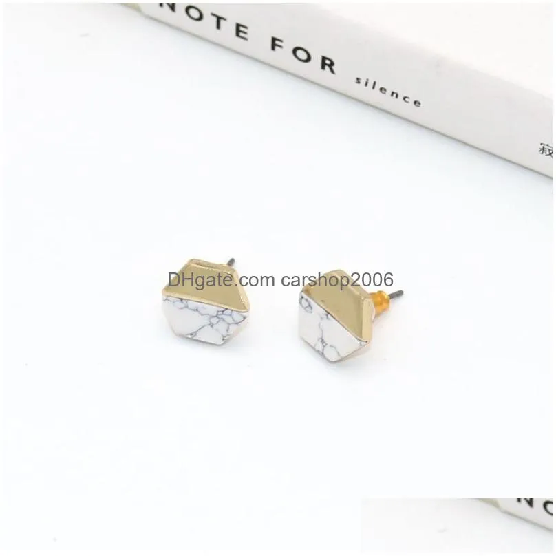 vintage gold color hexagon white green turquoise marble earrings natural stone stud earrings jewelry for women