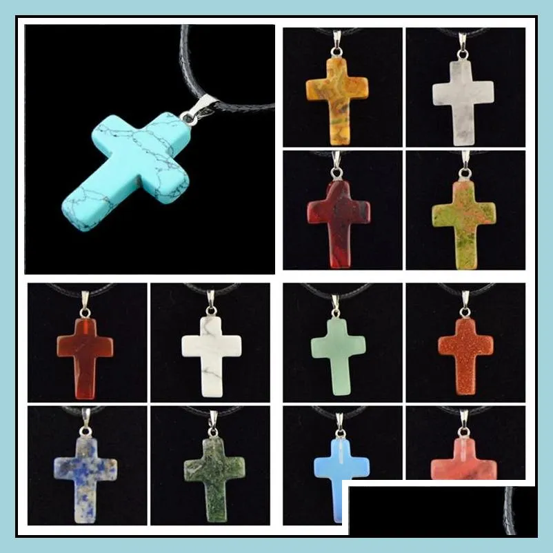 statement necklace jewelry healing crystals rope leather necklaces drop round flower cross  natural stone pendants stone