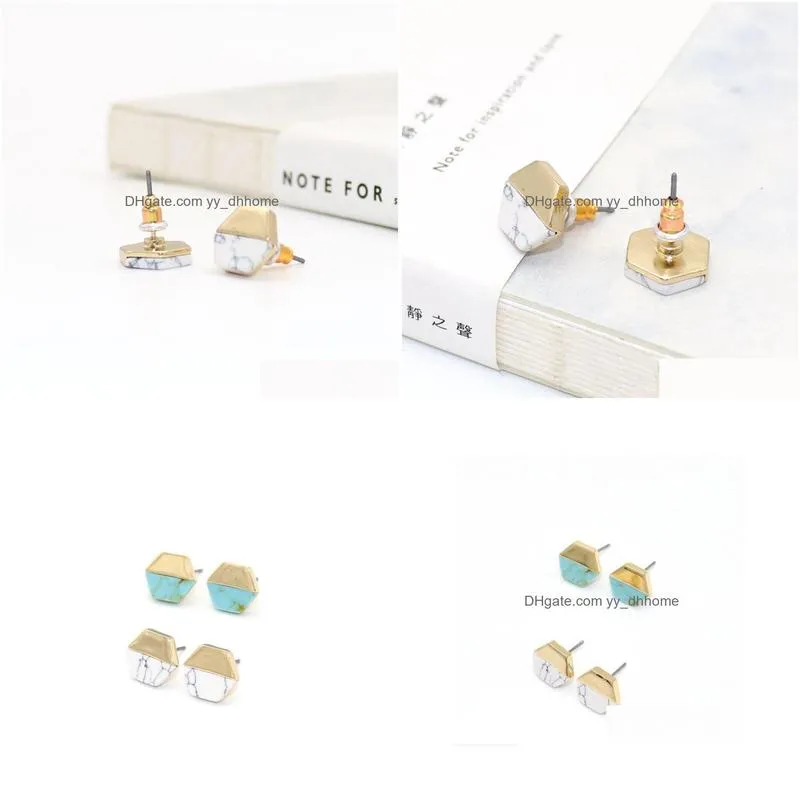 vintage gold color hexagon white green turquoise marble earrings natural stone stud earrings jewelry for women