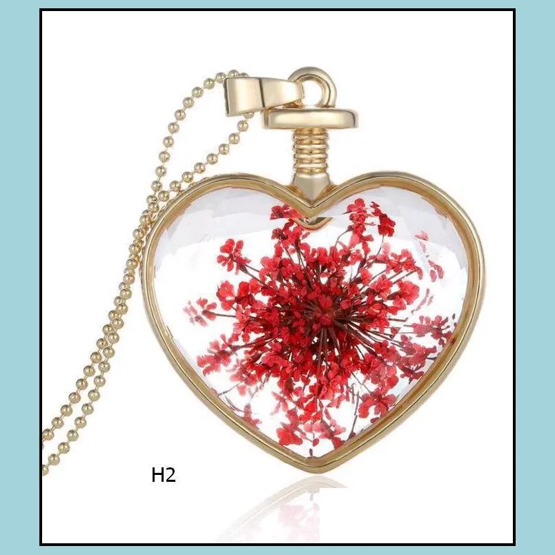 Pendant Necklaces Love Heart Pendant Necklace Crystal Dried Flower Inside Korean Style Plants Blossom Neck Chain Jewelry For Valentine Dh8Da