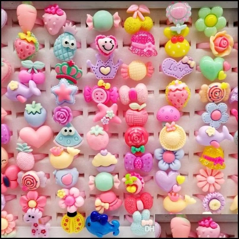 Band Rings Fashion 200Pcs/Lots Mixed Plastic Children Ring Resin Jewelry Kids Gift Boys Girls Cartoon Animal Flowers Fruit Baby Tangib Dheld