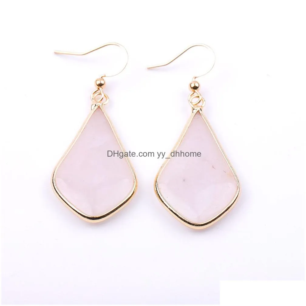 rhombus water drop natural stone earrings white green turquoise pink crystal amethyst rose quartz charm dangle earrings women jewelry