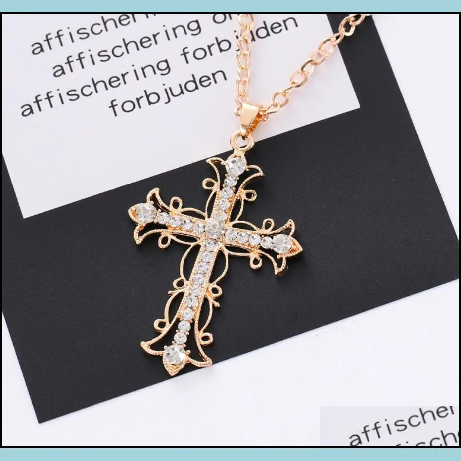 Pendant Necklaces Rhinestone Cross Pendant Necklace For Women Exaggerated Hiphop Jewelry Long Sweater Chain Necklaces Valentines Day G Dhtwv