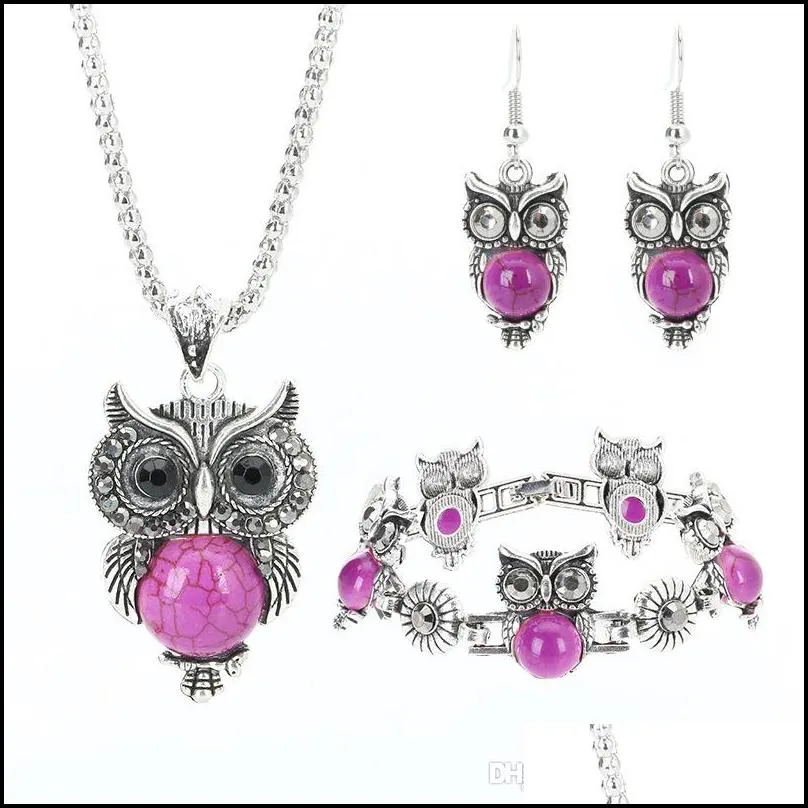 Other Jewelry Sets Fashion 10Pcs/Lot Classical Owl Turquoise Jewelry Sets 3 Piece Set Vintage Bohemia Style Bracelet Pendant Necklace Dhe1C