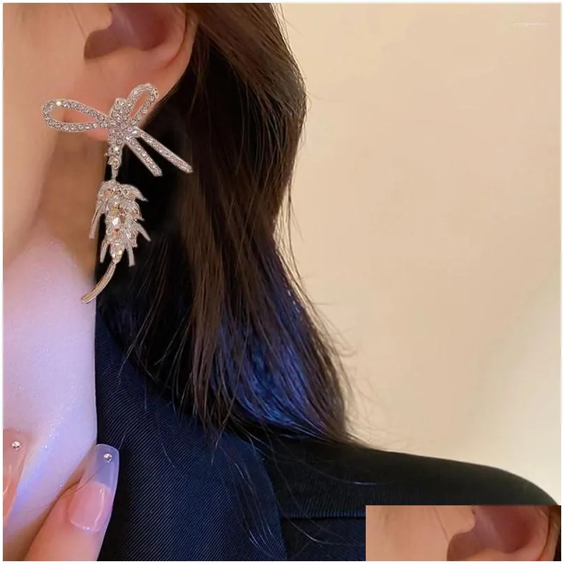 Dangle Earrings Unique Zircon Bow Crystal Wheat Ears Pendant Silver Color Stud For Women Fashion Exaggerated Cool Girl Party Jewelry