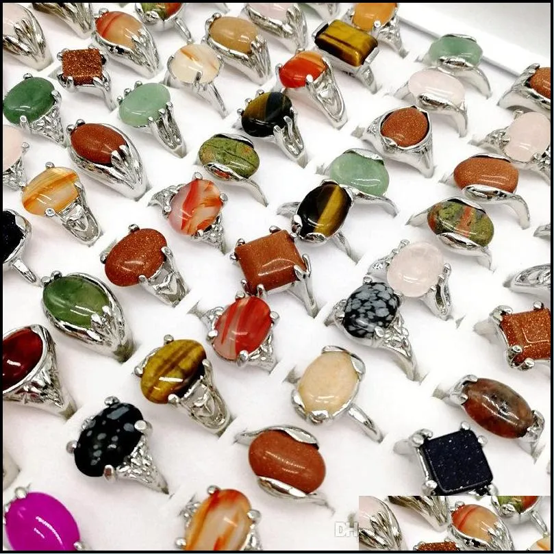 Band Rings 30 Pieces/Lot Rainbow Natural Band Gem Stone Rings For Women Men Mix Bohemian Style Designs Couples Designer Jewelry Engage Dhthu