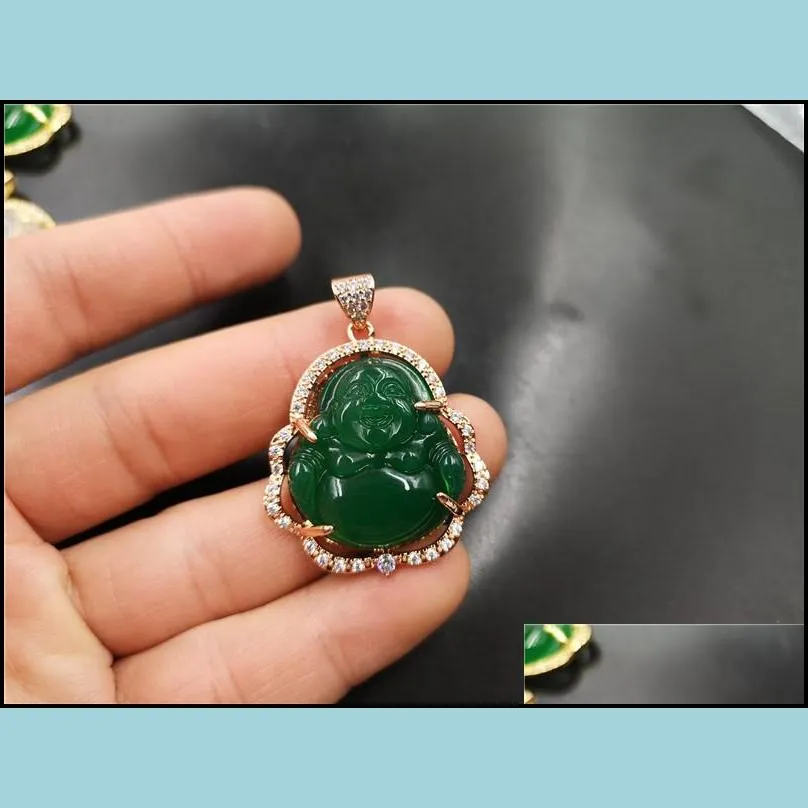 Pendant Necklaces Laughing Buddha Jade Pendant Necklace 925 Sier Plated Inlaid Gemstone Jewelry Ice Chalcedony Agate Maitreya Female P Dh5To