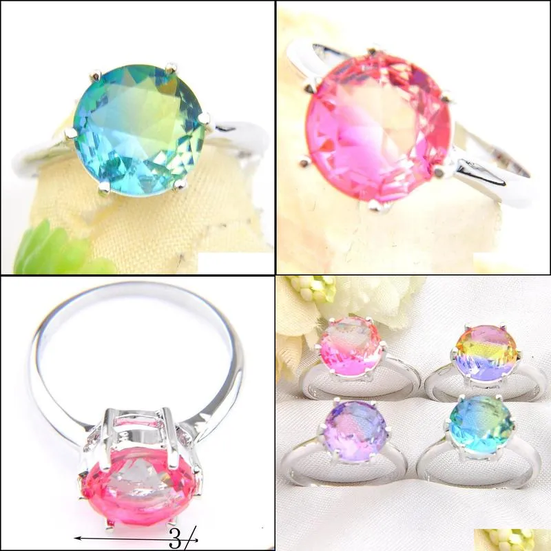 Solitaire Ring Mix Color 10 Pcs/Lot Holiday Jewelry Gift Newest Round Bi-Colored Tourmaline Gemstone 925 Sterling Sier Plated Women Ri Dhbqd