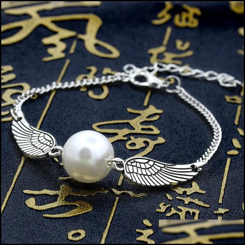 angel wings charm bracelet delicate  simulated pearl bracelet