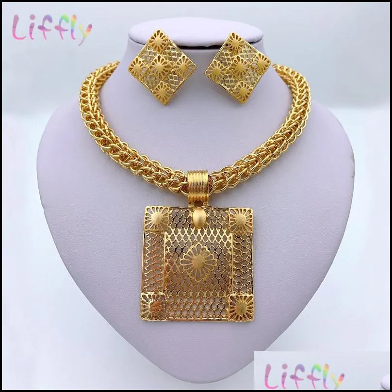 Jewelry Settings Liffly Dubai Gold Jewelry Sets For Women Big Necklace African Beads Set Nigerian Bridal Wedding Costume 201 Drop Deli Dhutv