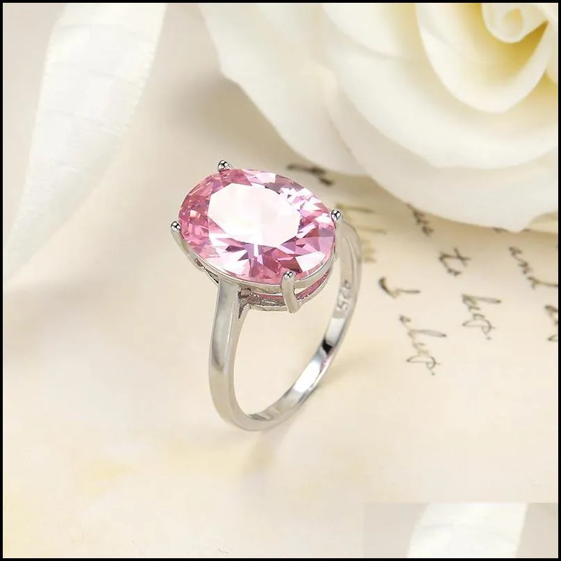 Solitaire Ring Wholesale 12 Pcs Luckyshine Woman Holiday Jewelry Gift Rings Trendy Oval Pink Topaz Cubic Zirconia 925 Sterling Sier Pl Dhhrf