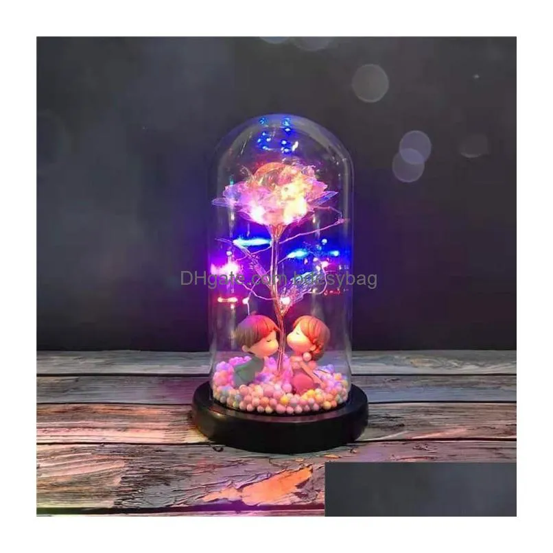 Decorative Flowers & Wreaths Led Enchanted Galaxy Rose Eternal 24K Gold Foil Flower With Fairy String Lights In Dome For Christmas Val Dh79M