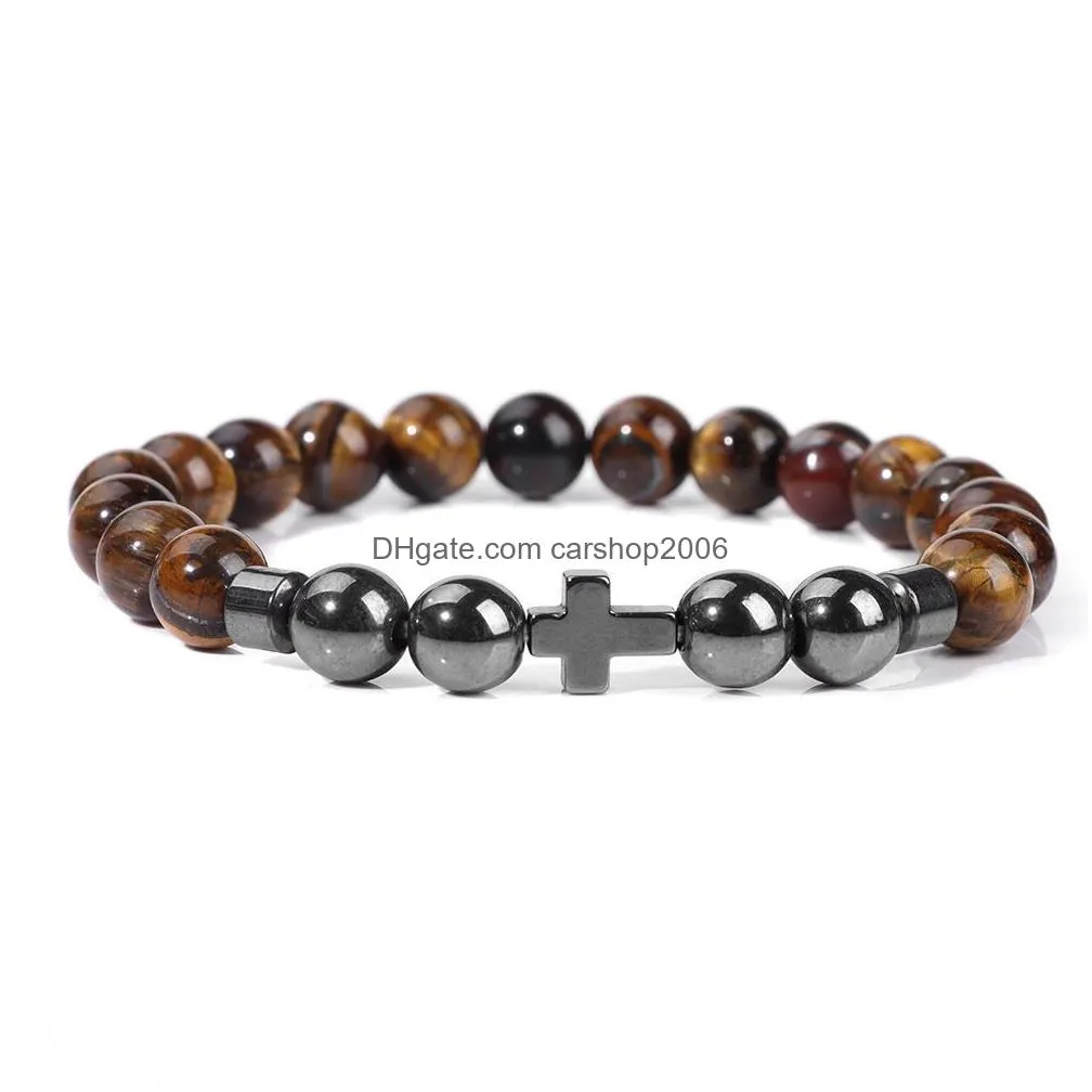 natural hematite cross lapis tiger eye stone beads women men cross bracelets