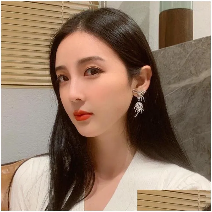 Dangle Earrings Unique Zircon Bow Crystal Wheat Ears Pendant Silver Color Stud For Women Fashion Exaggerated Cool Girl Party Jewelry