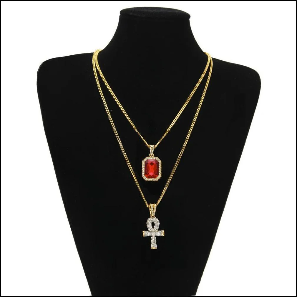 Pendant Necklaces Gold Chains Pretty Egyptian Ankh With Red Ruby Cross Pendant Necklace Set Men Bling Hip Hop Jewelry Drop Delivery Je Dhzxh