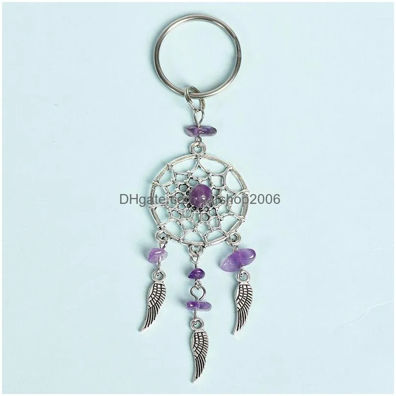 bohemian dreamcatcher keychain metal feather pendulum keyring natural crystal stone pendant handbag ornament acc