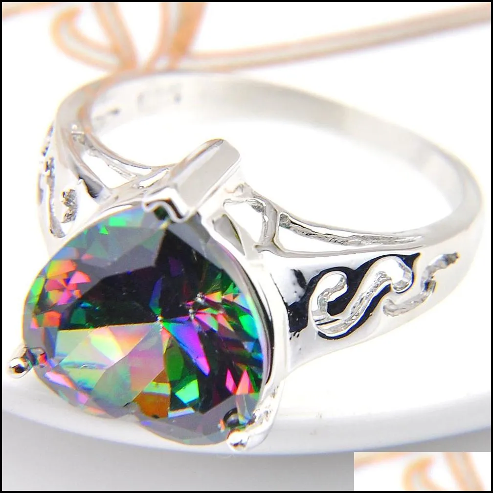 Solitaire Ring Luckyshine Women Wedding Rings Love Heart Fire Mti-Color Rainbow Natural Mystic Topaz Sier Cubic Zirconia Jewelry Drop Dhmfz