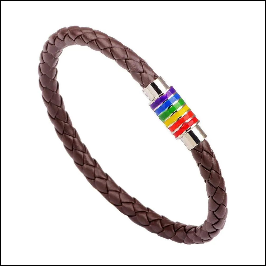 magnetic bracelet bangle stainless steel bracelet women men gift gay pride rainbow magnetic black brown genuine braided leather