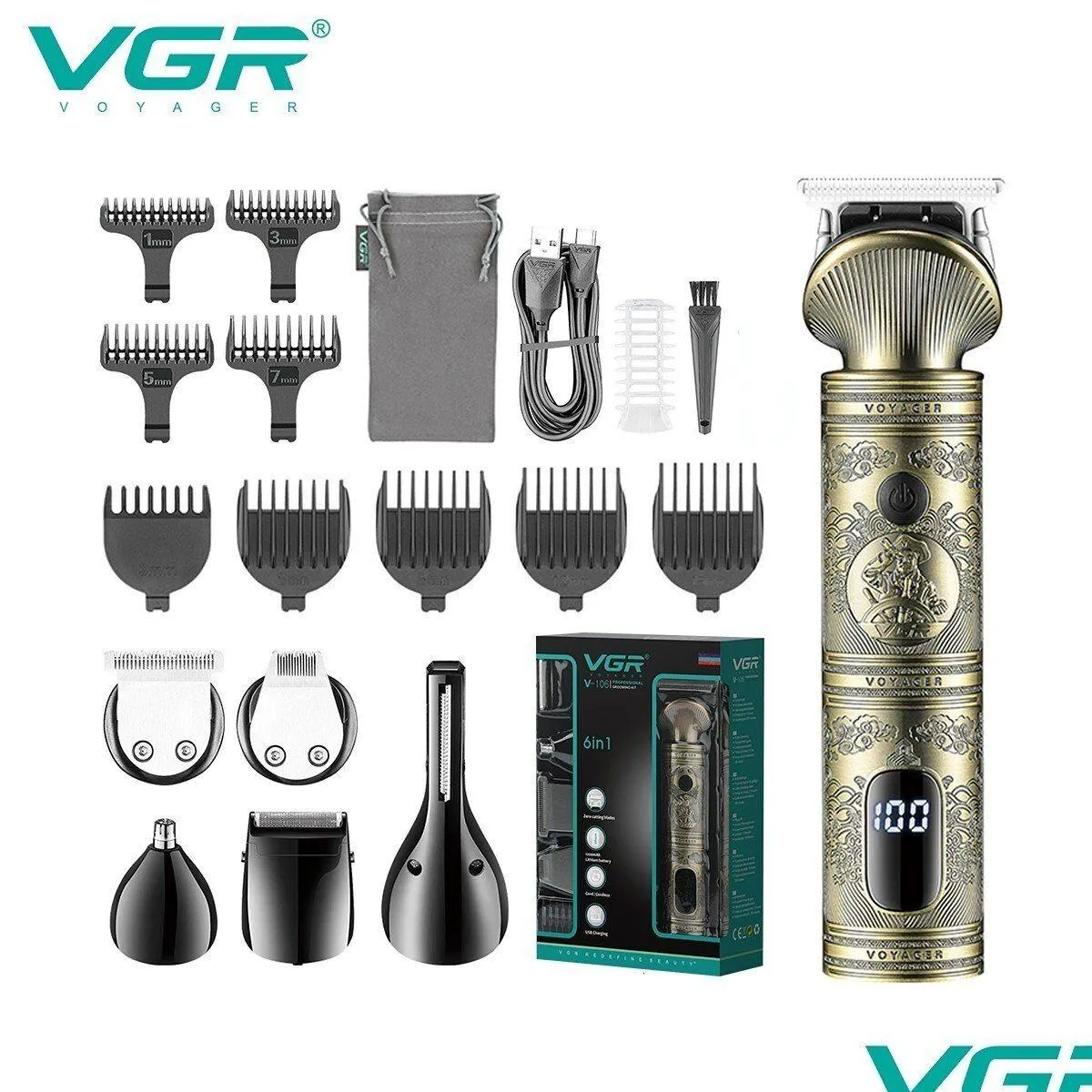 electric shavers vgr grooming kit hair trimmer 6 in 1 hair clipper nose trimmer shaver body trimmer professional rechargeable metal vintage v-106