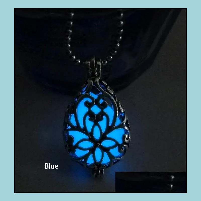 Lockets Fashion Fluorescence Retro Pendants Hollow Out Designs Luminous Teardrop Antique Sier Plate Necklaces Pendant Jewelry Accessor Dhtbz