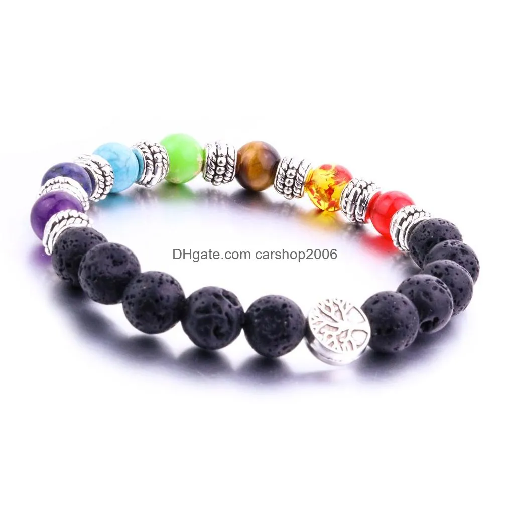 fashion natural 8mm lava stone tree of life 7 chakra beads bracelet diy aromatherapy essential oil diffuser bracelet