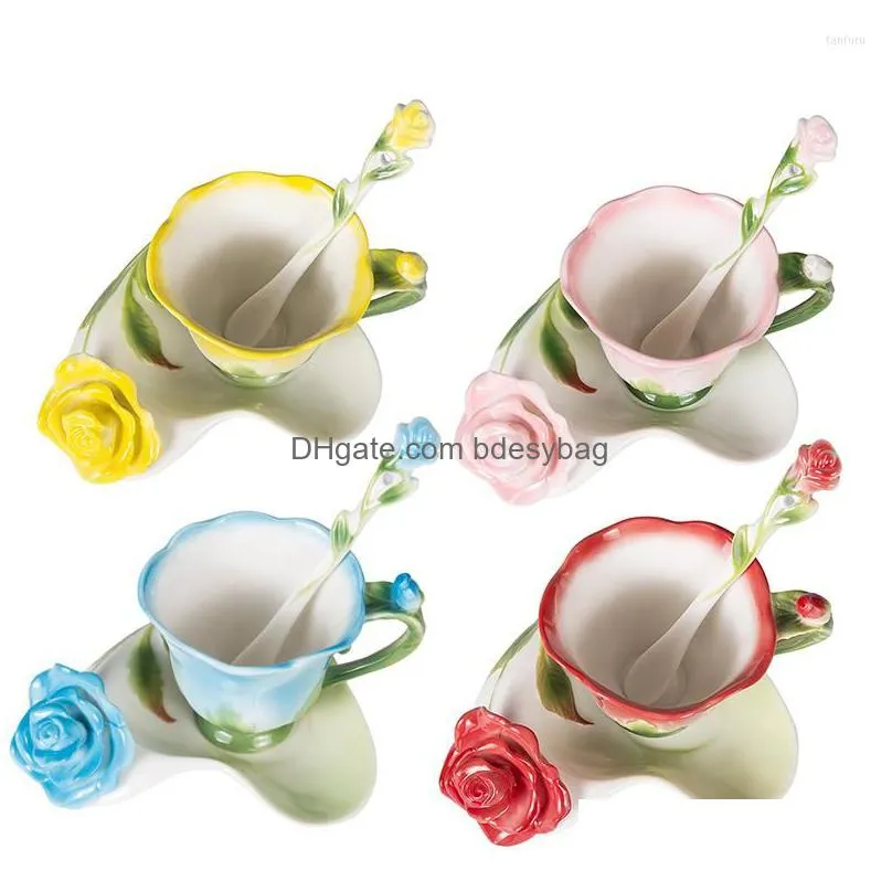 Cups & Saucers Cups Saucers 3D Rose Shape Flower Enamel Ceramic Coffee Tea Cup And Saucer Spoon High-Grade Porcelain Creative Valentin Dh59Y