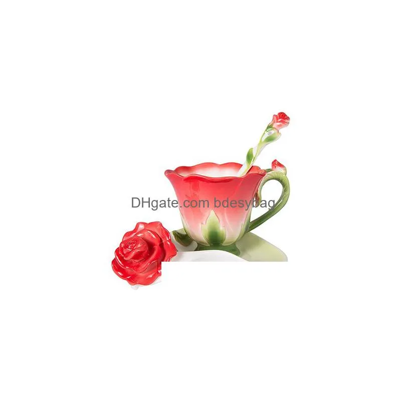 Cups & Saucers Cups Saucers 3D Rose Shape Flower Enamel Ceramic Coffee Tea Cup And Saucer Spoon High-Grade Porcelain Creative Valentin Dh59Y