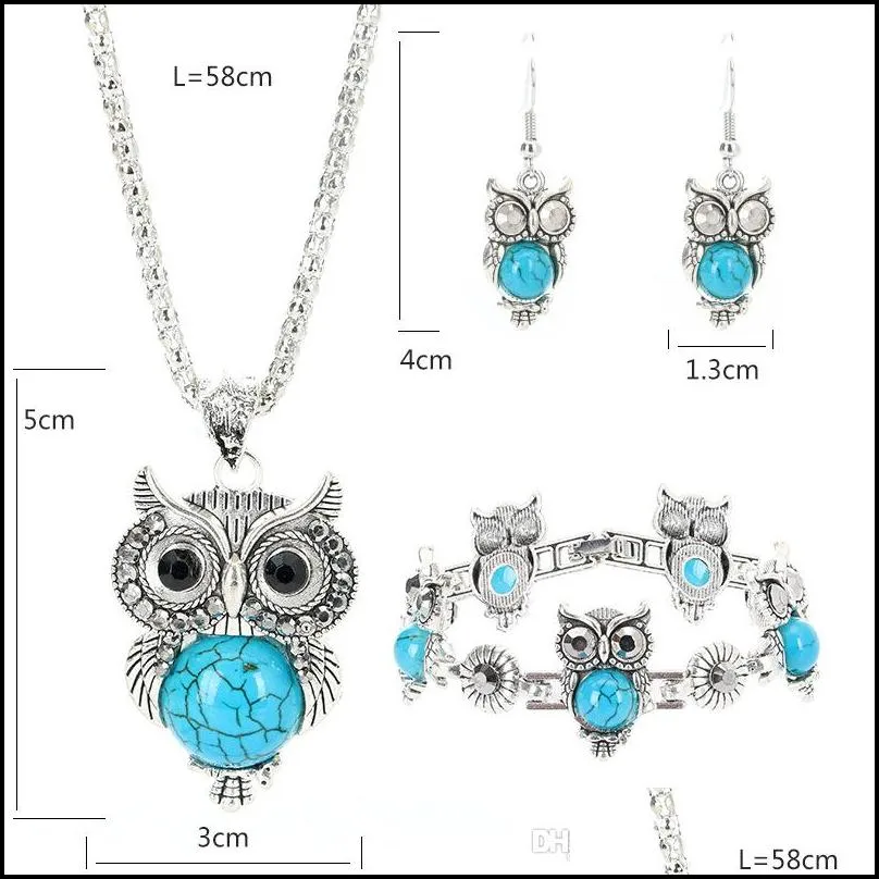 Other Jewelry Sets Fashion 10Pcs/Lot Classical Owl Turquoise Jewelry Sets 3 Piece Set Vintage Bohemia Style Bracelet Pendant Necklace Dhe1C