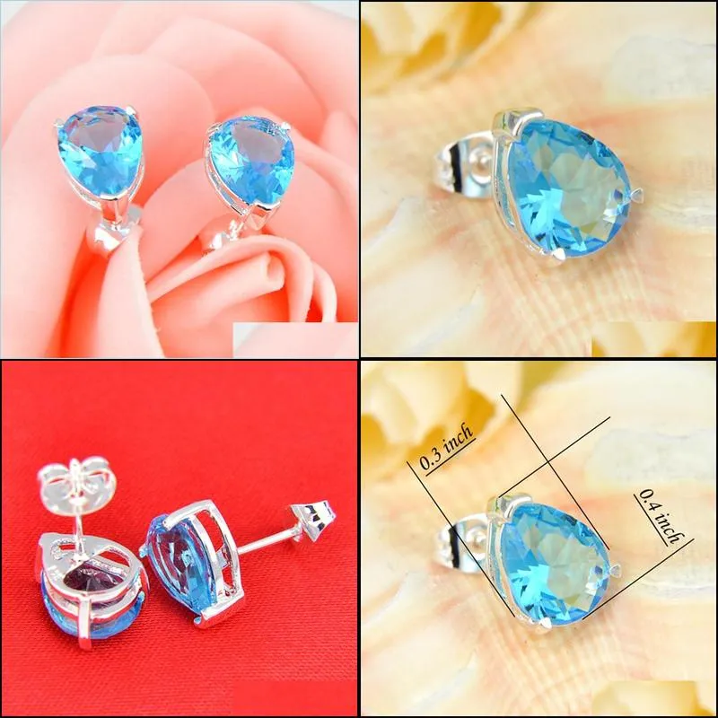 Stud 12 Pairs/1 Lot New Women Jewelry Blue Water Drop Topaz Gems Stud Earrings 925 Sier Zircon Drop Delivery Jewelry Earrings Dhpqb