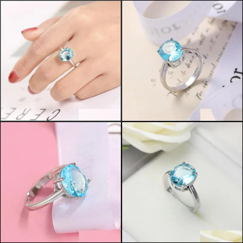 Solitaire Ring Luckyshine Selling 6Pcs/Lot 925 Sier Fashion Charms Men Women Wedding Rings Oval Cubic Zirconia Blue Diamond Gemstone D Dhx72