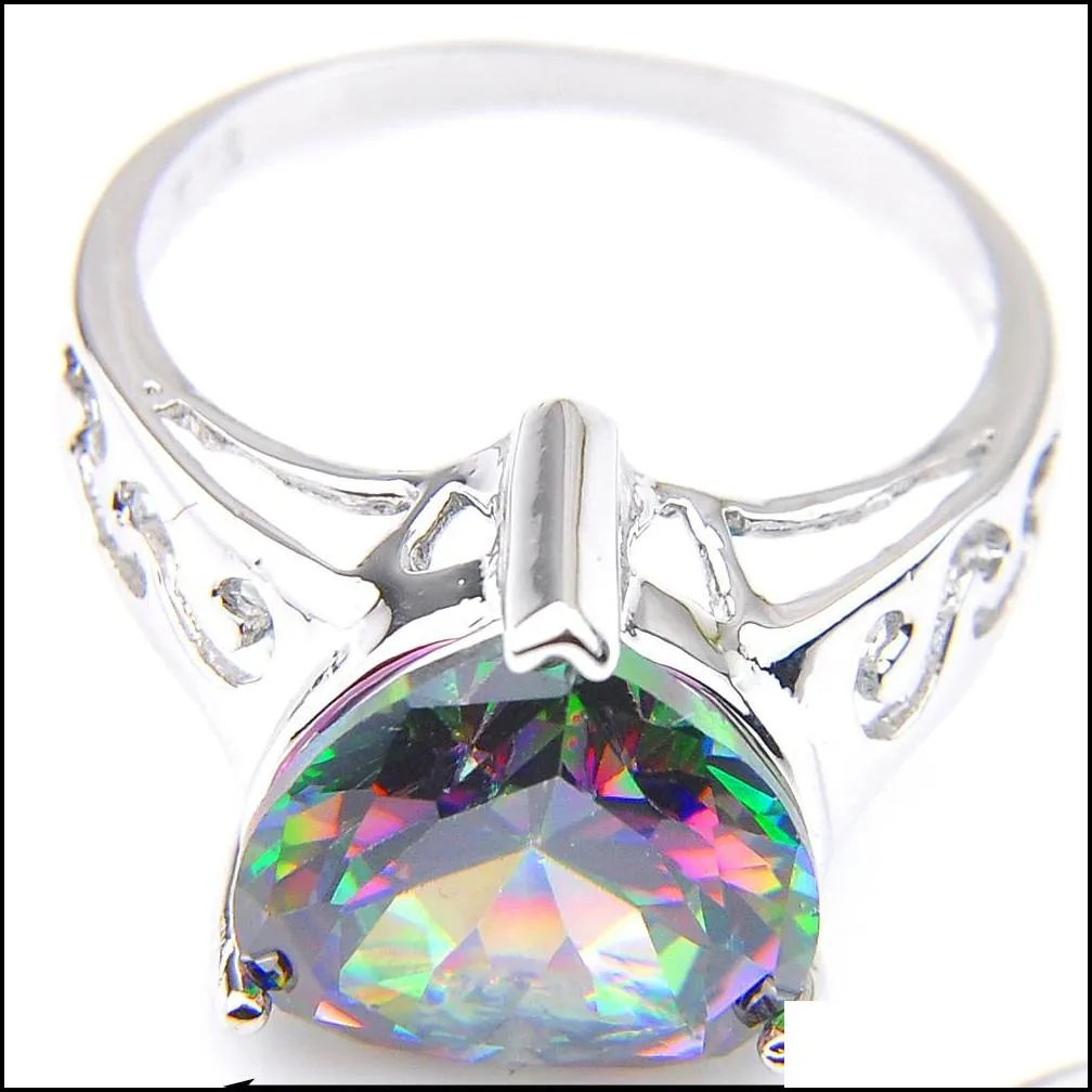 Solitaire Ring Luckyshine Women Wedding Rings Love Heart Fire Mti-Color Rainbow Natural Mystic Topaz Sier Cubic Zirconia Jewelry Drop Dhmfz