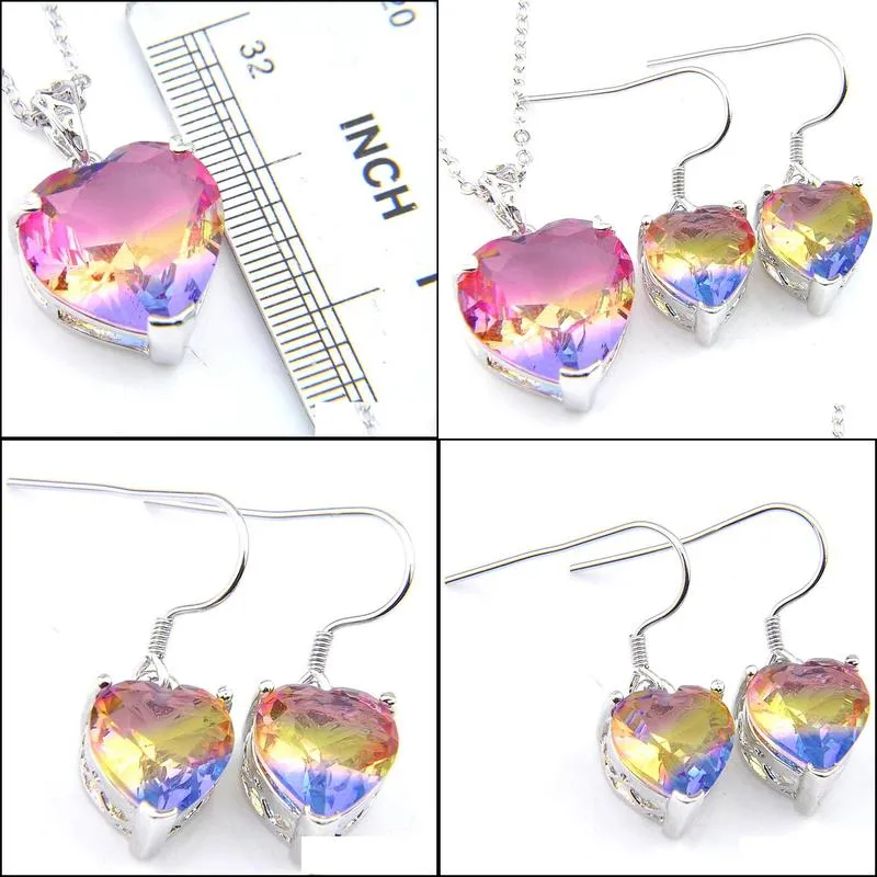 Earrings & Necklace Wholesale Luckyshine Heart Crystal Zircon Gems Necklace Earring Set Sier Tourmaline Wedding Pendants Jewelry Sets Dhgr9