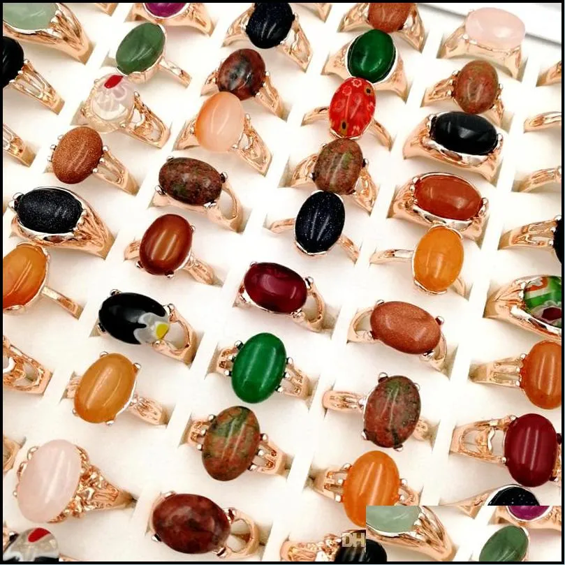 Band Rings Newest 30 Pieces/Lot Natural Gemstone Band Rings Crystal Bohemia Mix Style Rose Gold Designs For Womens And Men Fashion Par Dhbna