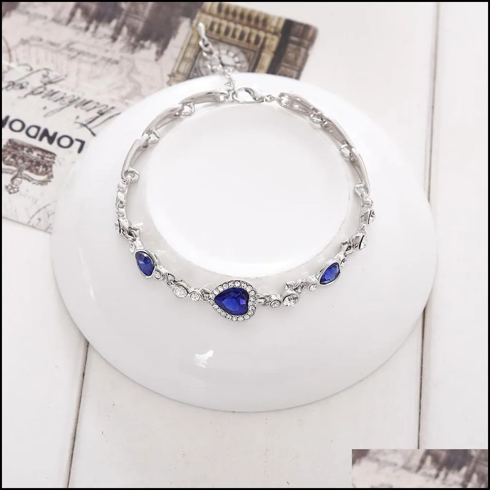 Charm Bracelets Ocean Blue Bracelets Sliver Plated Crystal Rhinestone Heart Charm Bracelet Bangle Gift Jewelry Drop Delivery Jewelry B Dhnqk