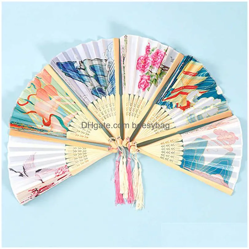 Chinese Style Products Chinese Style Products Hand Held Fans Bamboo Folding Fan Flower Crane Pattern Wooden Wedding Dance Handheld Orn Dhciv